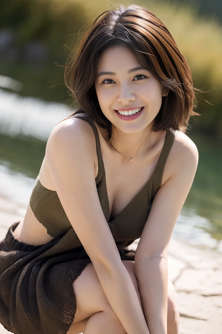 25 years old、(8K、RAW photo、highest quality、masterpiece:1.2)、(realistic、Photoreal:1.37)、Super detailed、ultra high resolution、1 girl、see the beholder、beautiful and detailed face、laughter、Wind、skin texture、thighs thighs、dark sky、photo taken:Norinobu Shinoyama