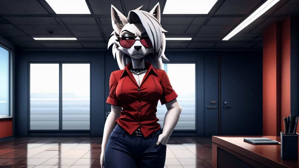 Loona from Helluva Boss, female white wolf, anthro, short white hair, circular sunglasses, red shirt, dark blue pants, standing, office, she is a kingpin, serious, detailed, solo, beautiful, high quality, 4K