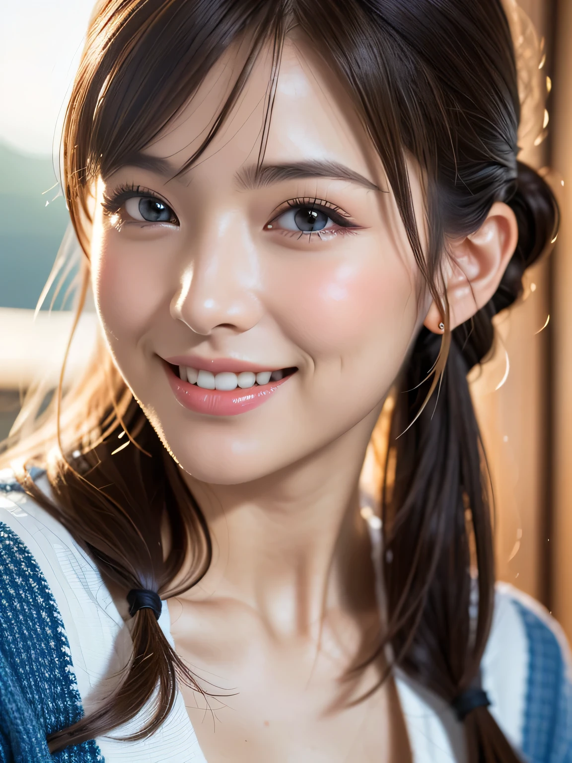 ((Highest quality)),(超High resolution),(Very detailed),(Detailed Description),((The best CG)),(masterpiece),Very detailedなアート、(Highest quality、8K、32k、masterpiece)、(Realistic)、(Realistic:1.2)、(High resolution)、Very detailed, (Close-up face:1.6), Very beautiful face and eyes, Big eyes, 1 female、Pale skin:1.4, Shine, Transparent muscle:1.2、((Ultra-Realistic Details))、Portraiture、All the characters are super realistic.:1.6、Global Illumination、Octane Rendering:1.2, The best beautiful girl,Very detailed, High resolution RAW color photos, Professional photography, Realistic portrait, Cinematic Light, With a small face、Pale Cheeks:1.1、(With a cute smile:1.4)、((Beautiful Eyes、Light enters the eyes:1.4、Staring at a lover、adorable eyes:1.2 )) 、((Shiny Hair Brown twin tails, 、Delicate texture、Voluminous Hair:1.1、Thick Hair:1.2 )), Beautiful big ,(Big ample breasts:1.2)、Captivating beauty、Captivate what you see、Tight waist、Delicate body、(Highest quality、Attention to detail、)、(Oil paint:1.2)、Very detailed、(Realistic、Realistic:1.37)、Bright colors