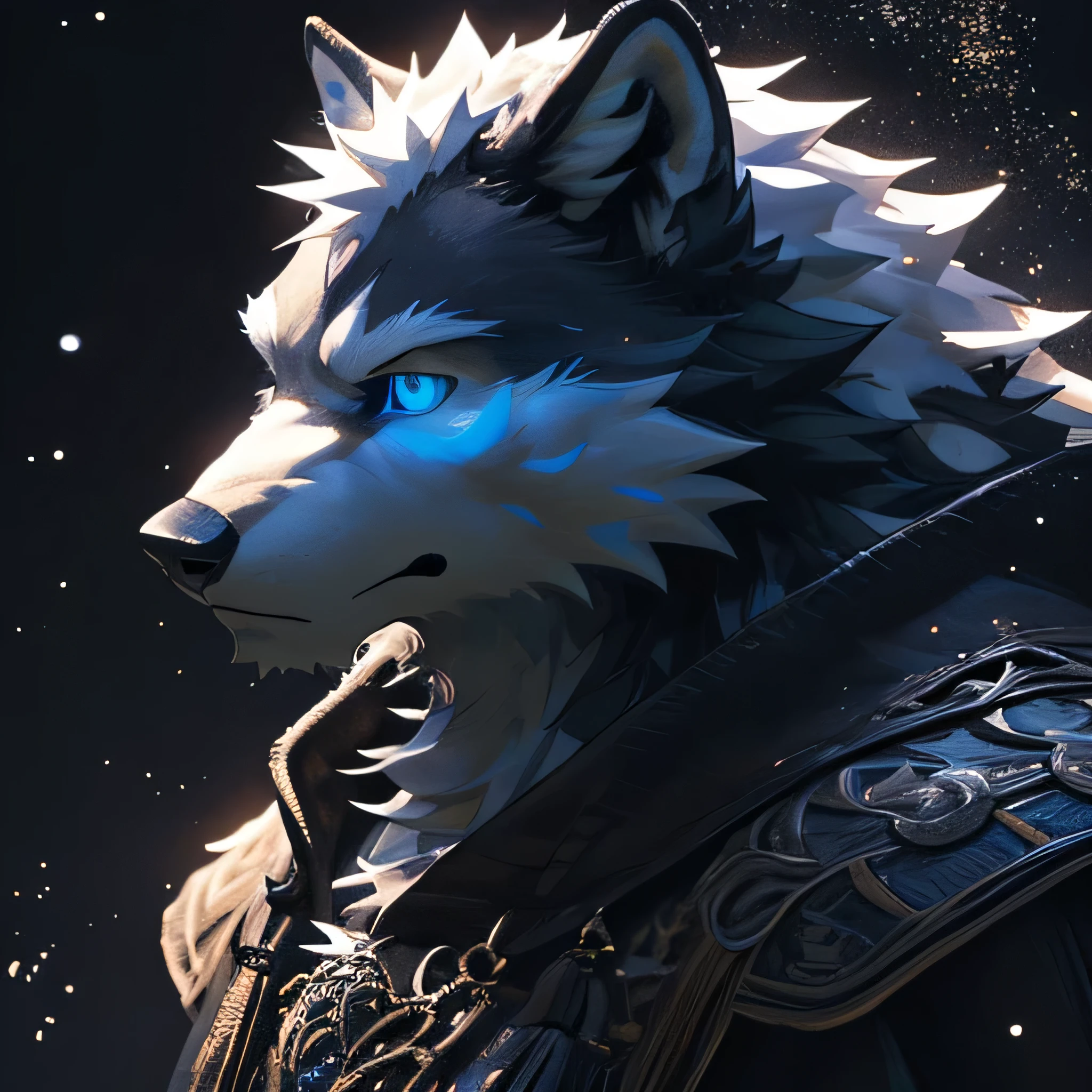 Solo, Kemono, (White Wolf, Anthro, Male, (Black Body)), Fur, Tail, Muscles, White fur, Blue-colored eyes, No background, Fantasy, Epic, Depth of Field, Perfect Lighting, (Light Particles), (Best Quality), (Masterpiece), (Ultra Detailed), Sharp Focus, Light, (Head bust Picture), Close Up Angle (Detailed Face Features) (Front shot view)