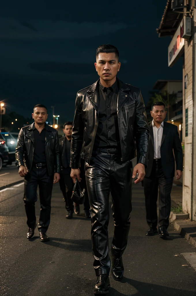 A handsome Indonesian mafia boss, is walking coolly with a bunch of mafia, wearing a shiny black leather jacket, Undercut hair is combed neatly, night road background, real photo, professional photo, clear photo, realistic photo, full HD, 4k