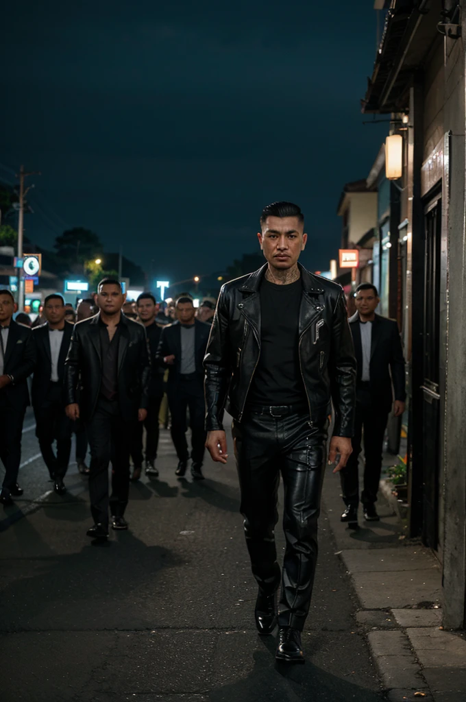 A handsome Indonesian mafia boss, is walking coolly with a bunch of mafia, wearing a shiny black leather jacket, Undercut hair is combed neatly, night road background, real photo, professional photo, clear photo, realistic photo, full HD, 4k