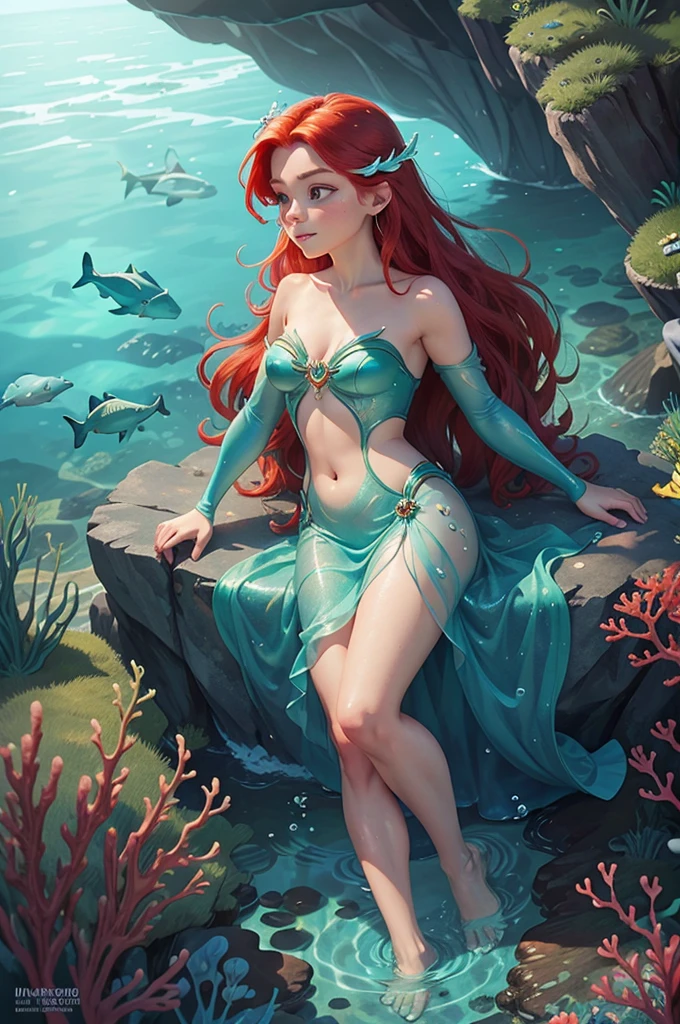Create a mesmerizing 4K close-up portrait of Ariel, the beloved Disney princess from "The Little Mermaid," capturing her vibrant spirit and underwater beauty in ultra-high detail. Visualize Ariel with her iconic features: her long, flowing red hair cascading around her, adorned with colorful sea shells and seaweed. Her eyes should be bright and curious, reflecting her adventurous nature and love for exploration.

Dress Ariel in her enchanting underwater attire: a shimmering sea-green mermaid tail with scales that catch the light, creating a magical iridescence. Include subtle details like pearls and corals entwined in her hair, symbolizing her deep connection to the ocean world.

Set the scene against a backdrop that evokes the wonder of the underwater realm, such as a coral reef teeming with colorful fish and gently swaying sea plants. Enhance the atmosphere with elements that capture Ariel's playful and free-spirited personality, like sparkling bubbles or shafts of sunlight filtering through the water.

The color palette should be rich and luminous, with shades of aquamarine, sea-green, and vibrant hues reflecting the underwater world. Ariel's expression should convey a blend of joy, curiosity, and a hint of longing, capturing her longing for both the sea and the human world.

Every element should be meticulously rendered in ultra-high detail, from the texture of Ariel's hair and scales to the intricate details of the underwater environment and the ethereal lighting effects. This portrait aims to celebrate Ariel as a symbol of adventure, independence, and the timeless allure of the ocean, capturing her iconic features and the enchanting magic of her story.