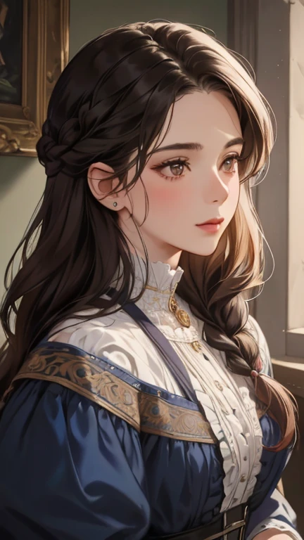 a highly detailed and intricate portrait of a noble woman with vibrant dark hair styled in a delicate braid, set against the backdrop of Europe in the 18th century victorian era, masterfully rendered with exceptional realism, dramatic lighting, and exquisite attention to detail, 8k resolution, best quality, complex design, enlarged texture, photorealistic