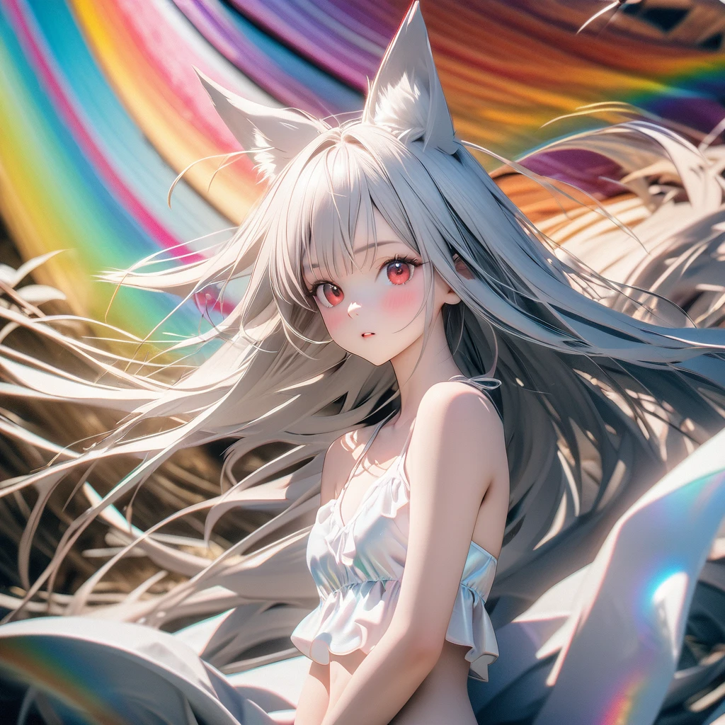 best quality, 8K, original photo, Ridiculous, Extremely detailed, Fox ears，baby face, No makeup, Gentle and focused, slim, Perfect proportion, White straight hair, (wind, wind-effect), Red Eyes, Various visual styles for backgrounds，combines various artistic elements，like a sparkling iridescent rainbow，White Fox Girl，swimsuit，Gold frame glasses