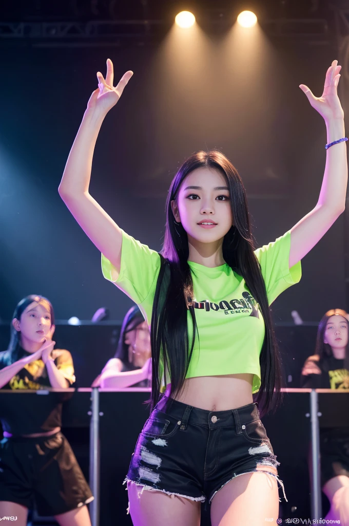 a girl on stage, long black hair, hands raised, music concert, cheering crowd, audience, concert stage, 6+ boys, glowstick, (best quality,4k,8k,highres,masterpiece:1.2),ultra-detailed,(realistic,photorealistic,photo-realistic:1.37),dynamic lighting,vibrant colors,dramatic composition