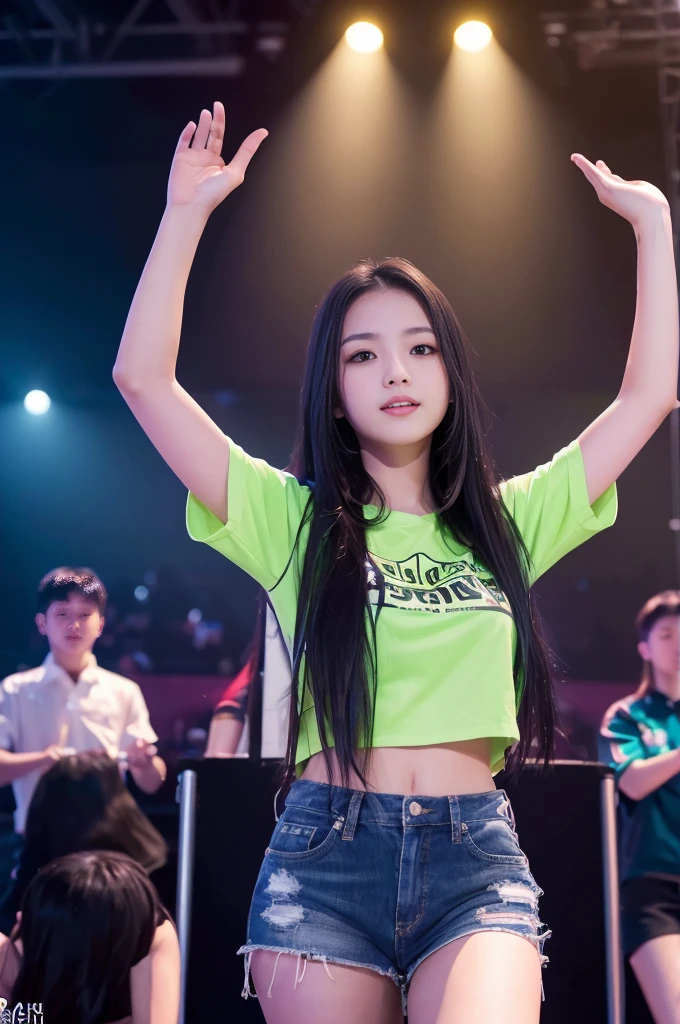 a girl on stage, long black hair, hands raised, music concert, cheering crowd, audience, concert stage, 6+ boys, glowstick, (best quality,4k,8k,highres,masterpiece:1.2),ultra-detailed,(realistic,photorealistic,photo-realistic:1.37),dynamic lighting,vibrant colors,dramatic composition