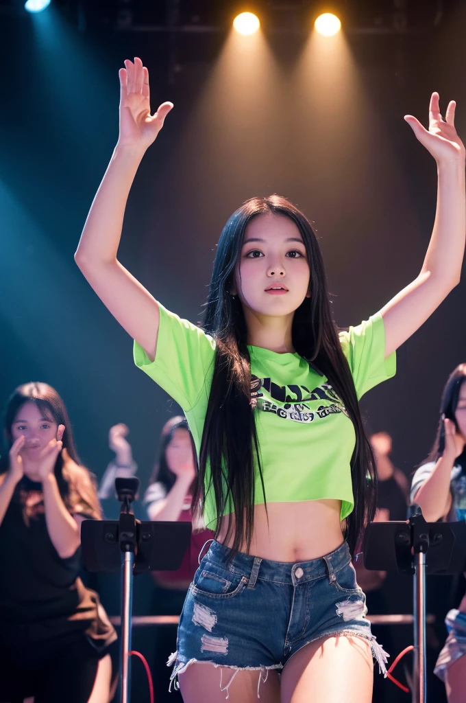 a girl on stage, long black hair, hands raised, music concert, cheering crowd, audience, concert stage, 6+ boys, glowstick, (best quality,4k,8k,highres,masterpiece:1.2),ultra-detailed,(realistic,photorealistic,photo-realistic:1.37),dynamic lighting,vibrant colors,dramatic composition