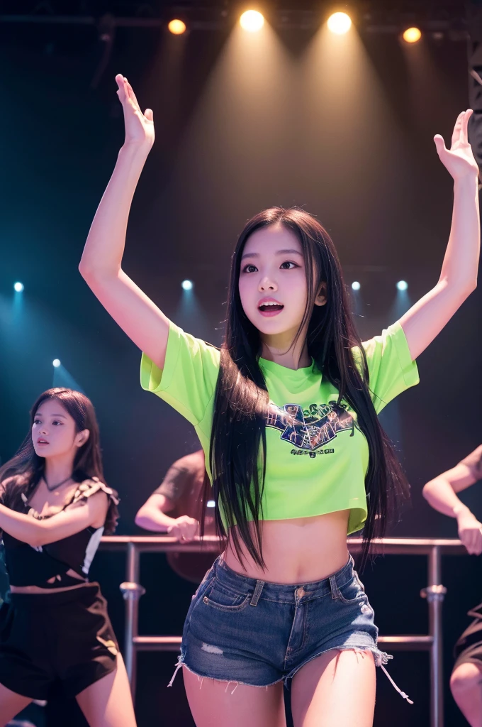 a girl on stage, long black hair, hands raised, music concert, cheering crowd, audience, concert stage, 6+ boys, glowstick, (best quality,4k,8k,highres,masterpiece:1.2),ultra-detailed,(realistic,photorealistic,photo-realistic:1.37),dynamic lighting,vibrant colors,dramatic composition