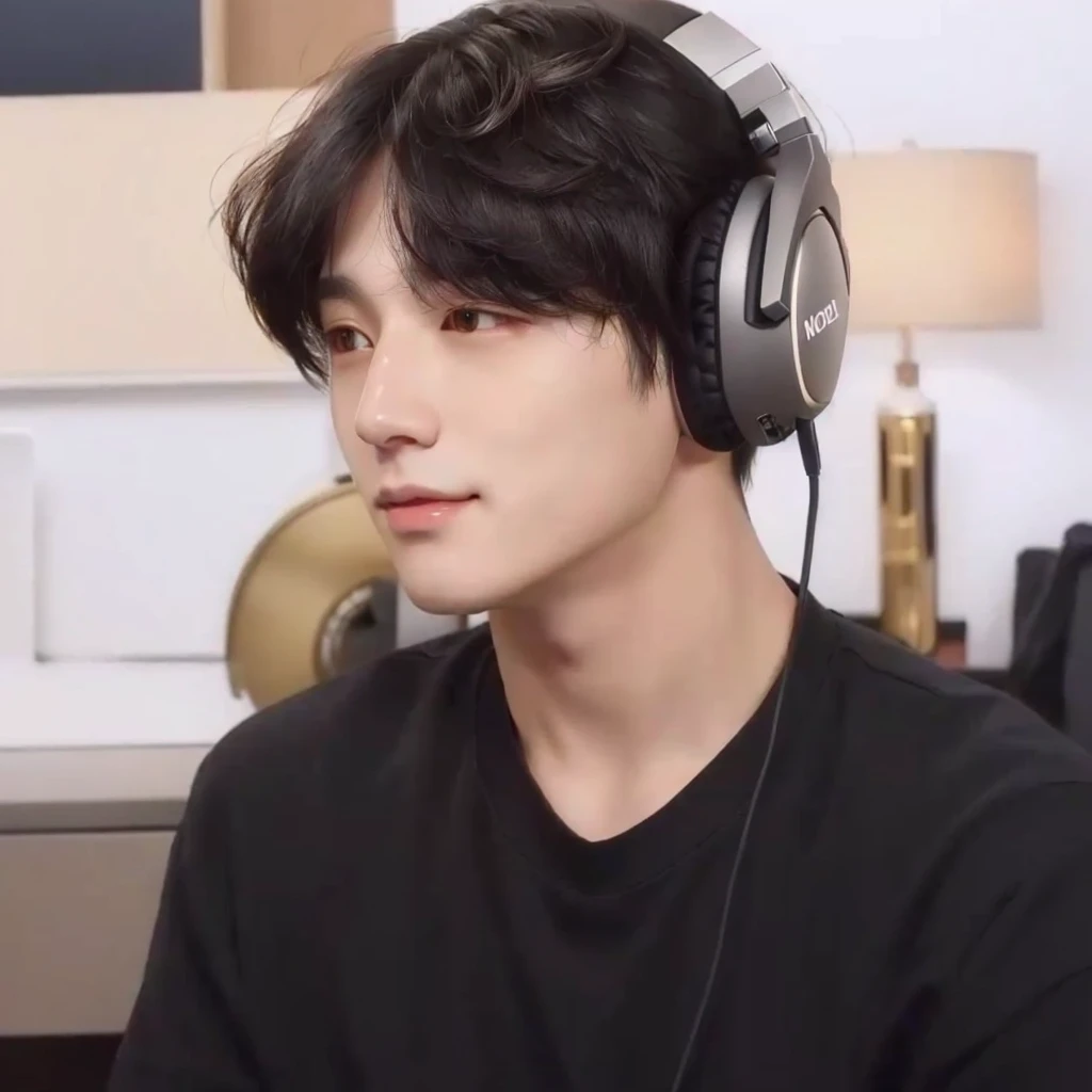 a close-up of a person wearing headphones in a room, Jungkook, he has headphones, with headphones from ear, Yoongi with black hair, looking to his side, ironic smile, with headphones from ear, ears redondas, BTS, Tae June Kim, adorable and pale korean face, hyung tae, inspired by Kun Can, ear, innocent appearance, your eyes seem wise, ears fofas