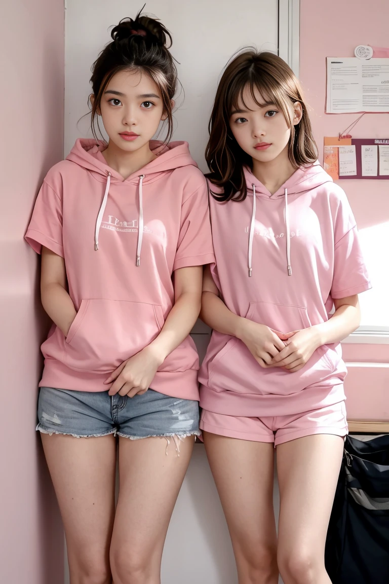 deux femmes ensemble de 18 ans sexy et mince , pink short sleeve hoodie , salle de classe, se touche,position sey,sensuel