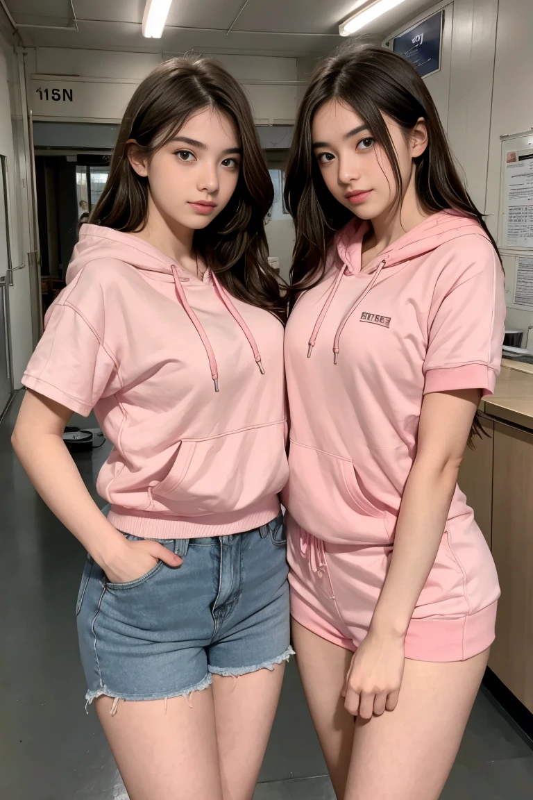 deux femmes ensemble de 18 ans sexy et mince , pink short sleeve hoodie , salle de classe, se touche,position sey,sensuel