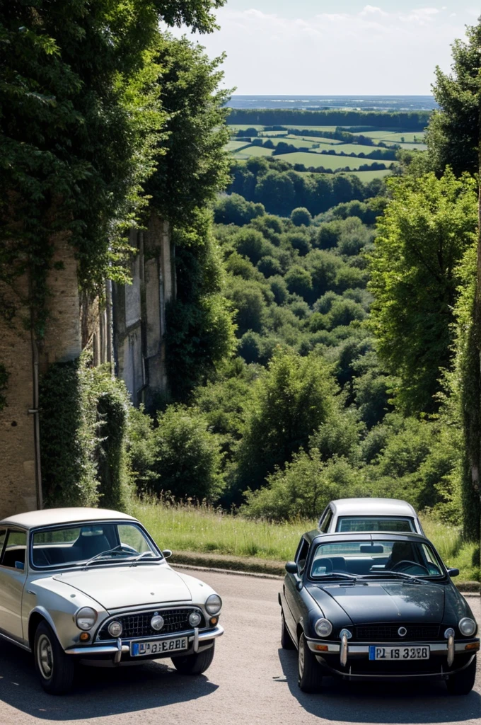 Deux amis en haut d'une falaise, next to a car, regardant l'horizon