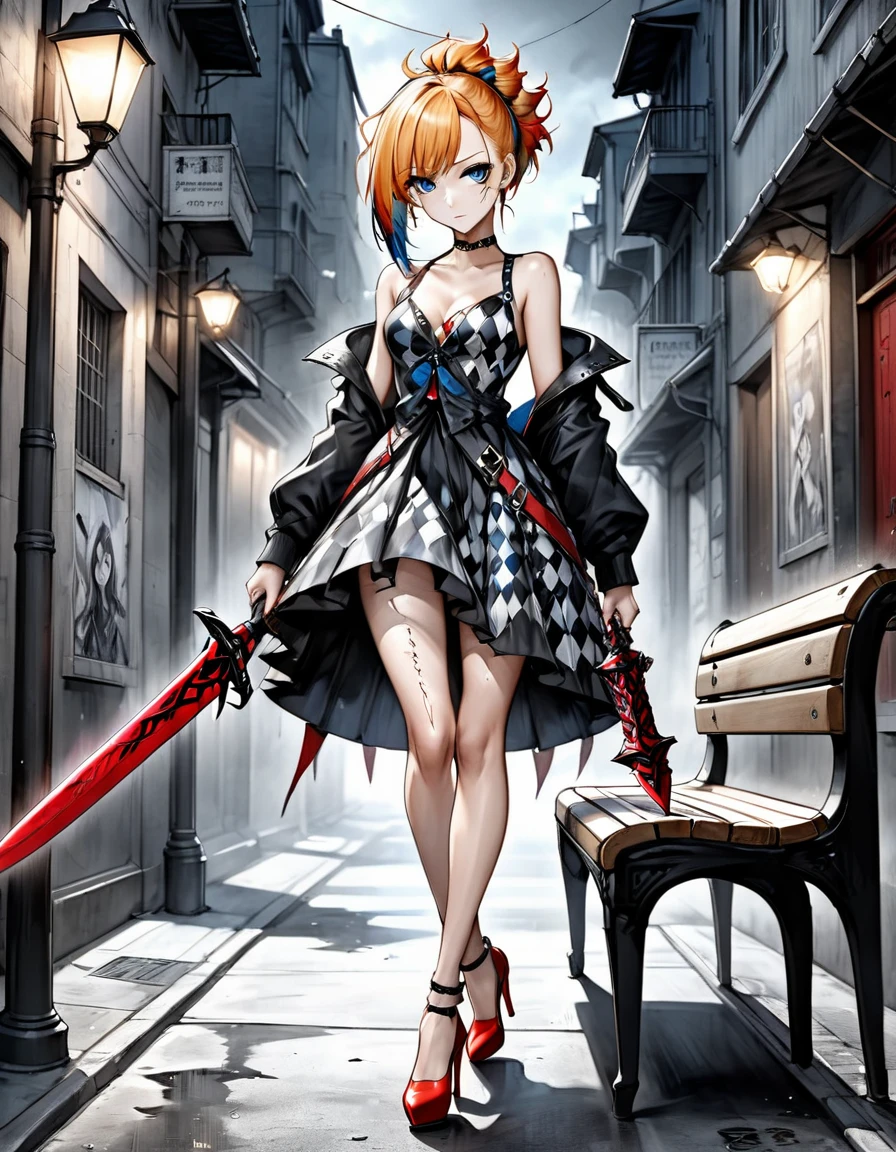 bleach style anime Nami + Serious Harlequin with straight mohawk hair dress in thin V cuts patterned stars ripped high heels walking on a dark gloomy street scared with a red sword in her hand style photo realism, fully detailed drawing in black and monochromatic bench and only the strong blue eyes 