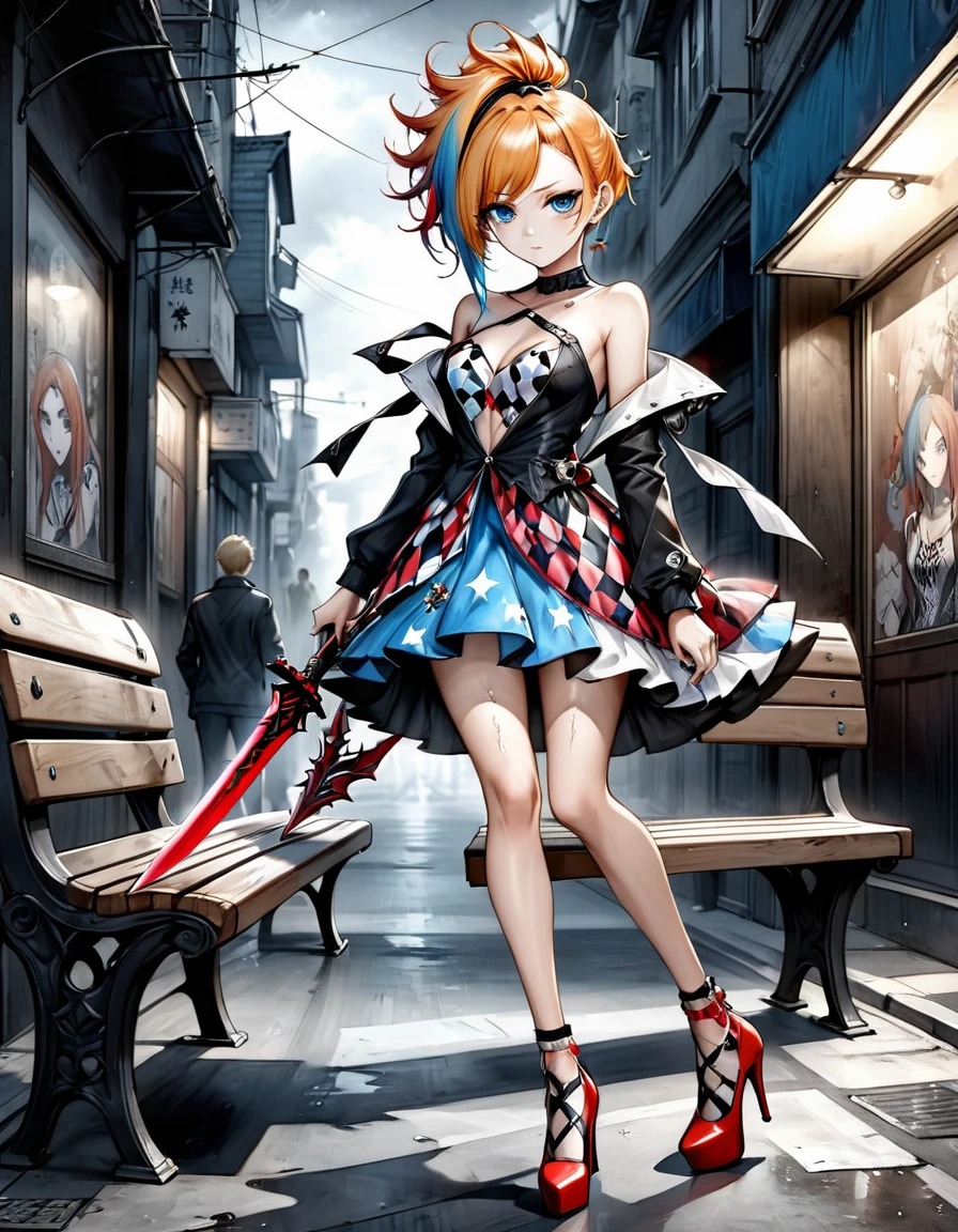 bleach style anime Nami + Serious Harlequin with straight mohawk hair dress in thin V cuts patterned stars ripped high heels walking on a dark gloomy street scared with a red sword in her hand style photo realism, fully detailed drawing in black and monochromatic bench and only the strong blue eyes 