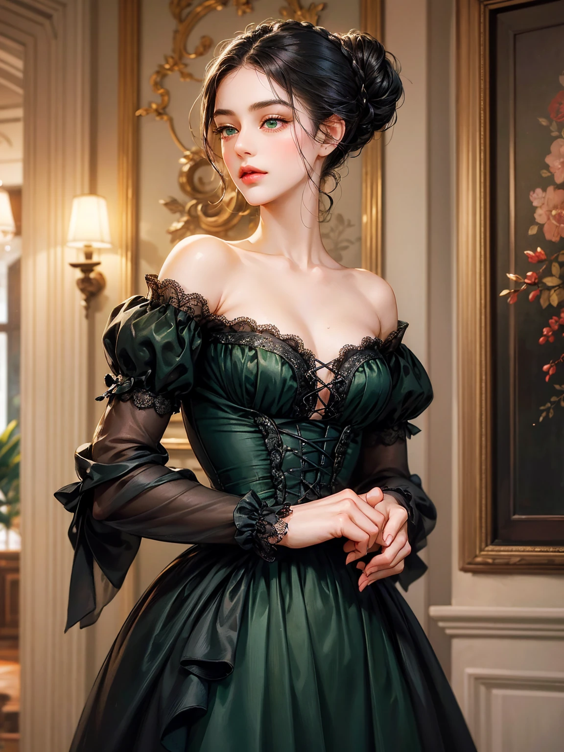 A girl, chignon black hair, small breast, green eyes. She wears a low-cut dress. She wears a pink dress from the Victorian era. Beautiful girl, detailed eyes, detailed face, detailed hands. She looks at the viewer. Full figure. Background inside of a hall