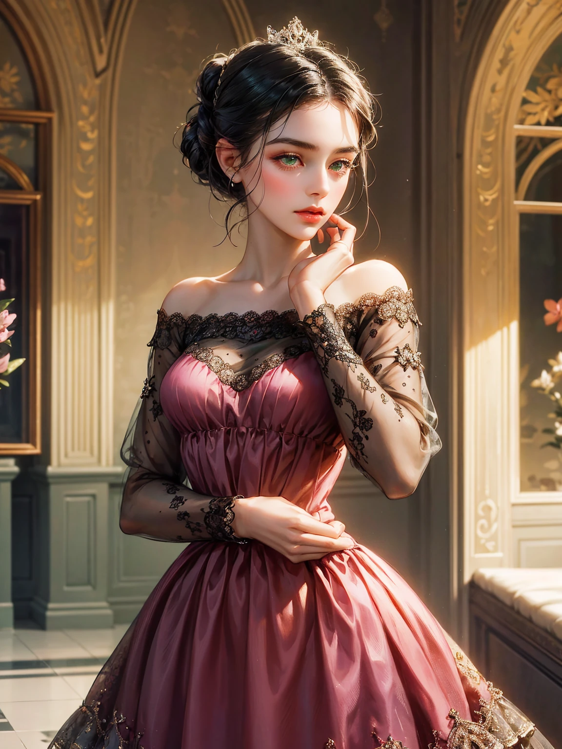 A girl, chignon black hair, small breast, green eyes. She wears a low-cut dress. She wears a pink dress from the Victorian era. Beautiful girl, detailed eyes, detailed face, detailed hands. She looks at the viewer. Full figure. Background inside of a hall