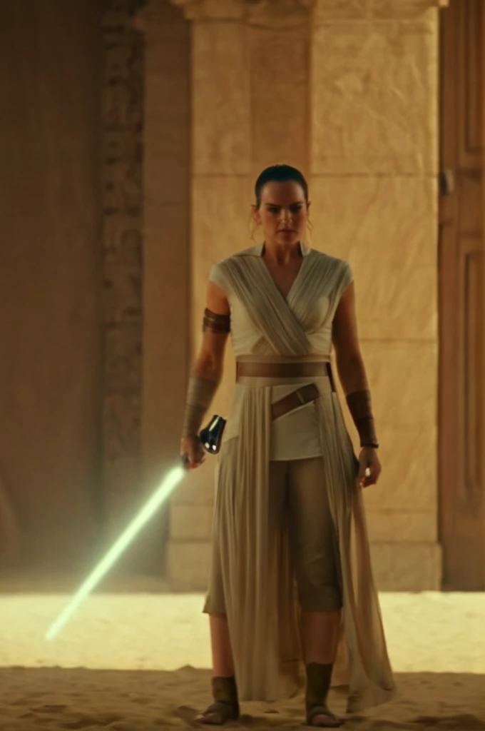 cinematic film still rey as a total mommy, jedi, lightsaber, full body, at ahn'qiraj . shallow depth of field, vignette, highly detailed, high budget Hollywood movie by luca guadagnino, bokeh, cinemascope, moody, epic, gorgeous, film grain, grainy