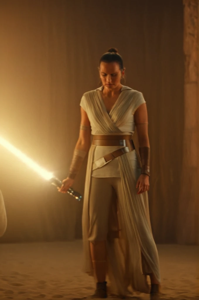 cinematic film still rey as a total mommy, jedi, lightsaber, full body, at ahn'qiraj . shallow depth of field, vignette, highly detailed, high budget Hollywood movie by luca guadagnino, bokeh, cinemascope, moody, epic, gorgeous, film grain, grainy