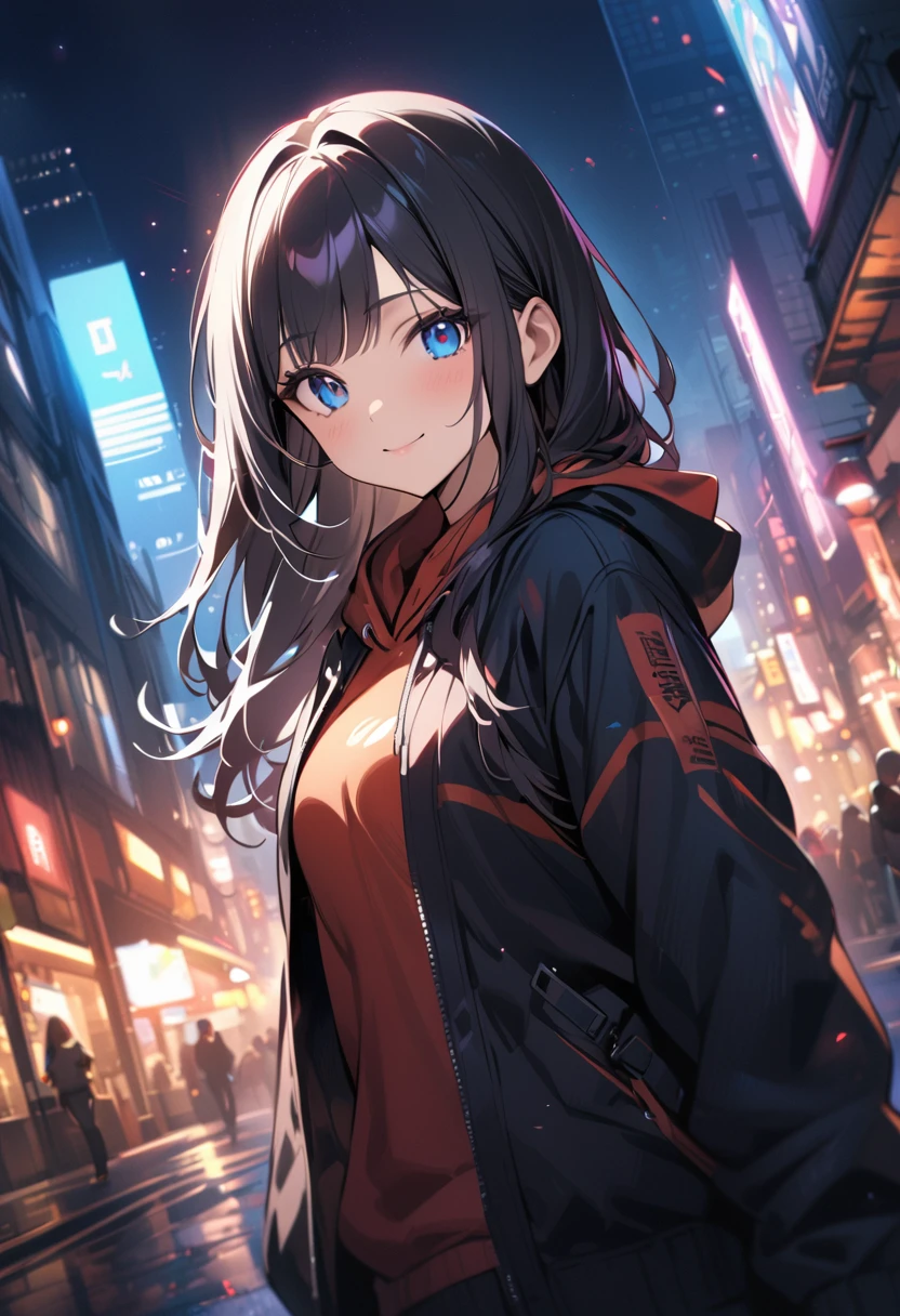 BREAK 1girl, long hair, black hair, straight hair, short bangs above brows, blue eyes, warm smile,
BREAK (masterpiece), (high resolution 8K), cinematic lighting, professional lighting, very cute, detailed eyes and face, detailed body,
BREAK hoodie, outdoors, city background, dynamic angle,