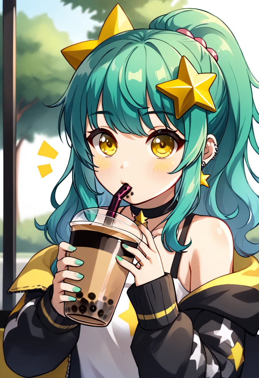 Cute girl with long dark turquoise hair, yellow eyes, yellow star pin in her head, drinking bubble tea