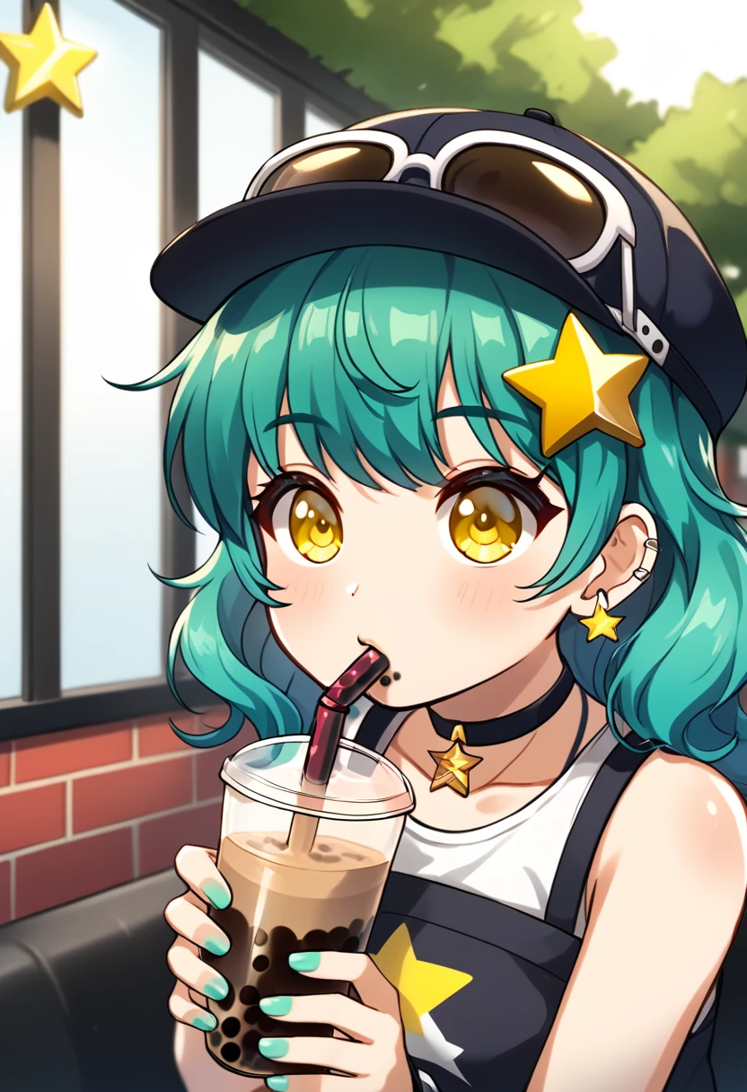 Cute girl with long dark turquoise hair, yellow eyes, yellow star pin in her head, drinking bubble tea