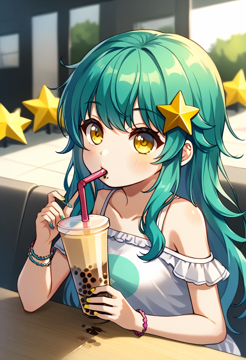 Cute girl with long dark turquoise hair, yellow eyes, yellow star pin in her head, drinking bubble tea