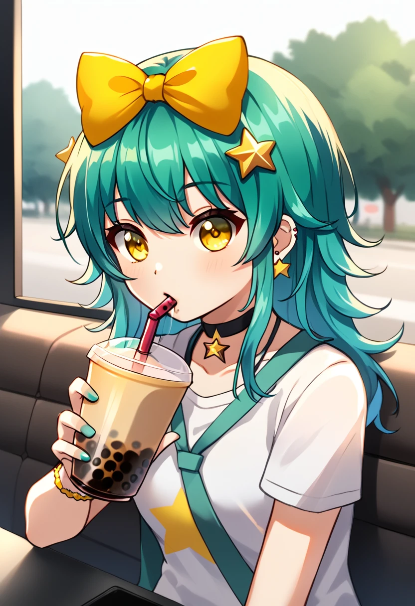 Cute girl with long dark turquoise hair, yellow eyes, yellow star pin in her head, drinking bubble tea