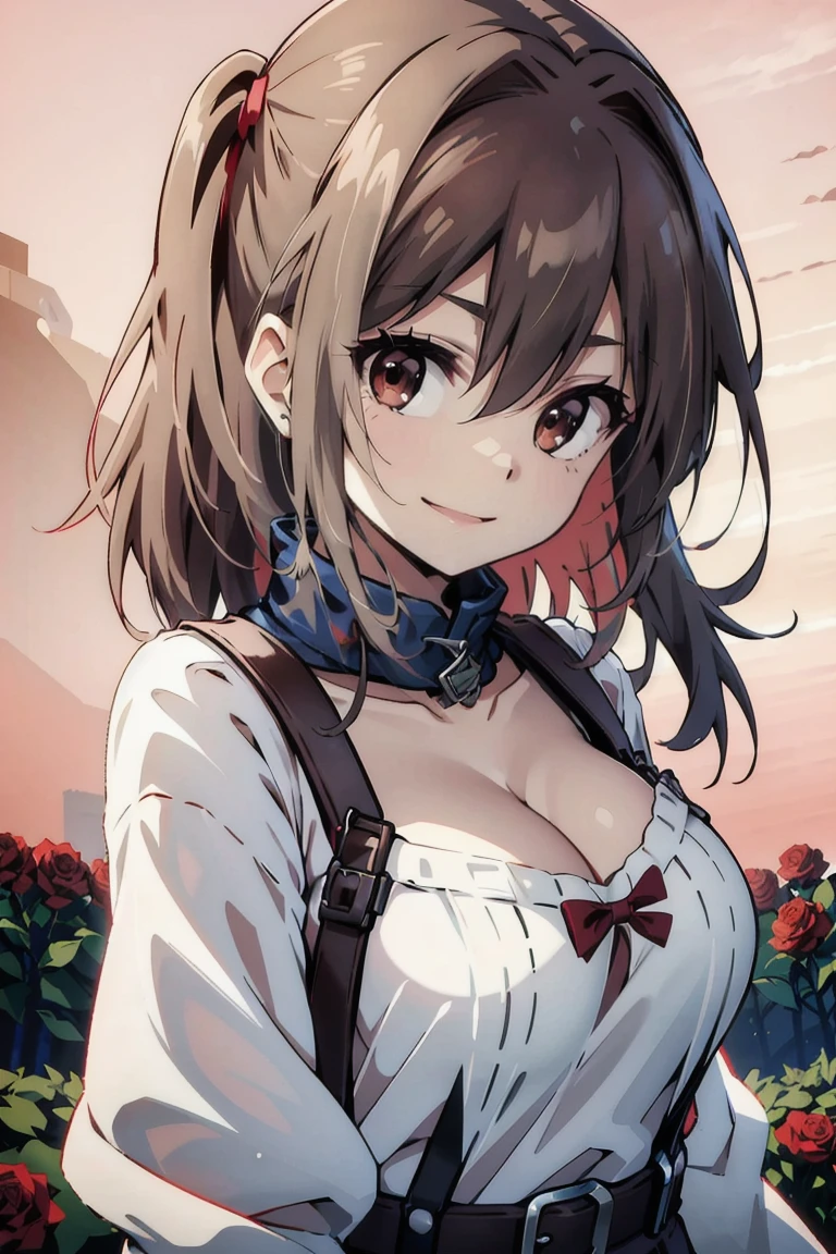 (masterpiece, best quality:1.2), samidare asahina, 1girl, brown eyes, brown hair, (tits cleavage:1.15), (waving is hands:1.2), (breasts close up:1.15), (suspenders:1.2), (dress:0.65), (blue clothes:1.05), (belts:0.7), (frills shirt:1.2), (white knit sweater:1.2), camisole, exposed breasts, straps, (cross:1.05), upper body, (long wavy hair:1.2), (one side up:1.2), nun, long sleeves, (both hands:1.15), (perfect hands:1.05), (five fingers:1.05))), background ((red sky, dawn, rose, rose garden, castle, horizon, colorful:1.43))