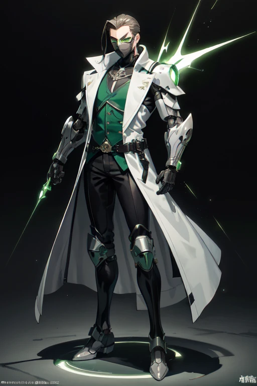((best quality)), ((masterpiece)), (detailed), 1 man, full body, 30s, masked, long brown hair slicked back, superhero mask, white mask with green details, small diamond on forehead, glowing green eyes, black collar, tall, thin, long dark grey trench coat, open grey trench coat showing his chest, black gloves, grey wristbands, nanotech suit, white shirt, dark green suit vest, black pants, grey knee pads, metallic black shoes, belt, robot army behind him, green flashes of light, background, anime