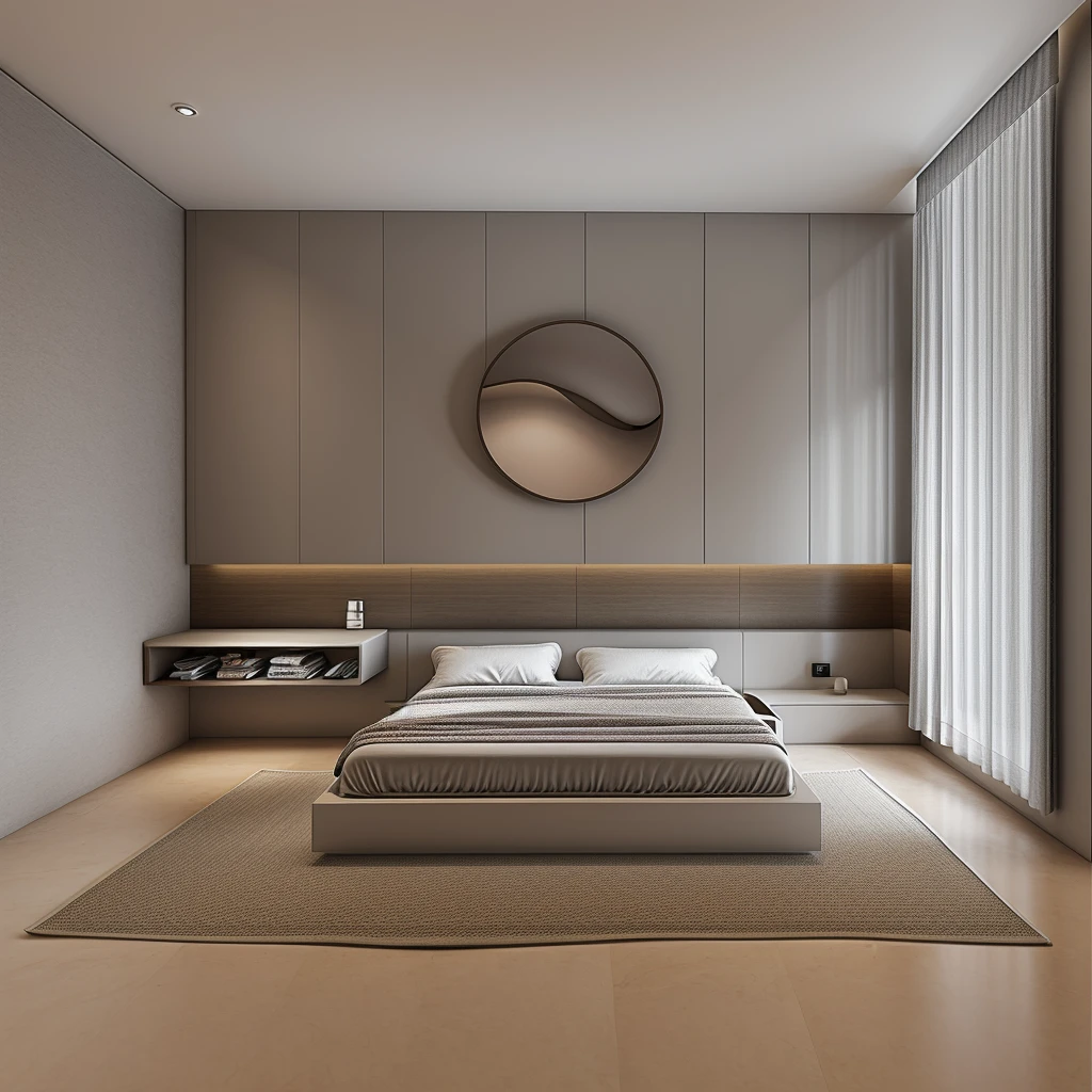 The bedroom has 1 modern bed, gray painted walls, 1 window curtain, circular bedside decorative painting, 1 plush carpet, 1 dressing table, luxurious colors, tiled floor