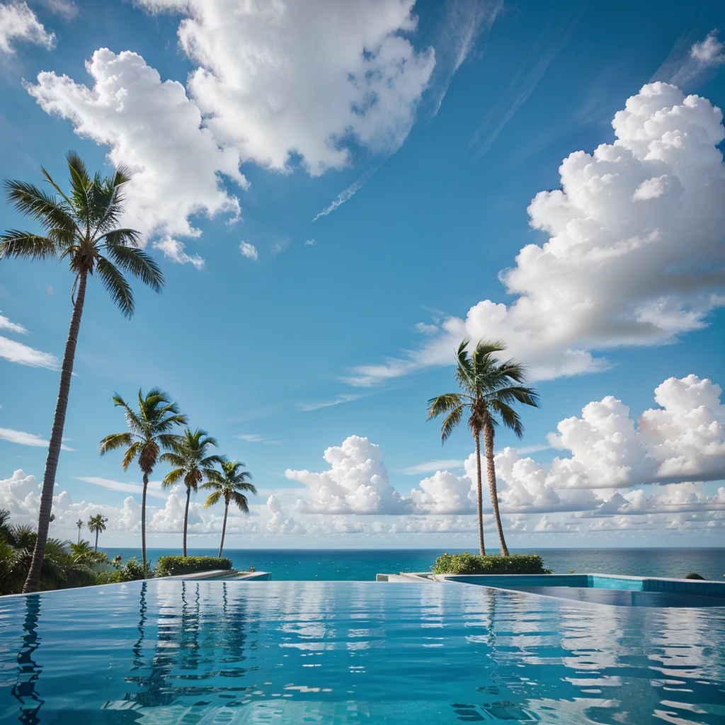 abstract blue sky, infinity pool, palm trees