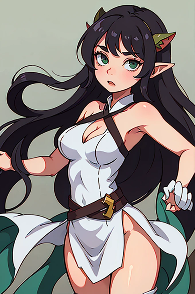 sharp but sweet eyes,Long hair, dark brown hair, green afilate eyes with long eyelashes, full mouth, low height, sinuous hips, lottle-medium , elf ears, red checks natural, sharp but sweet eyes, She is wearing a one-piece dress with a crisscross on her breasts that leaves her belly exposed and her fat hips exposed, and she has two splits on her dress at her legs that let them be seen. green eyes