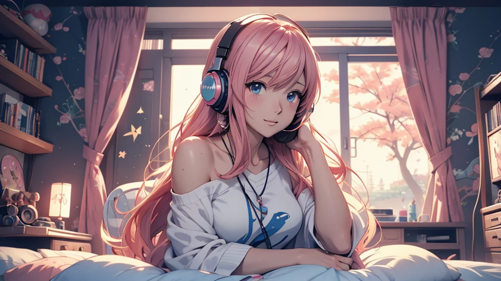 Woman wearing headphones, Anime Style 4 k, anime wallpaper 4k, anime wallpaper 4k, 4k anime wallpaper, anime art wallpaper 4k, anime art wallpaper 4k, Anime Style. 8K, Anime atmosphere, , Ultra HD Anime Wallpaper, Anime Art Wallpaper 8K, Anime Background,landscape、far away、music、room、naked