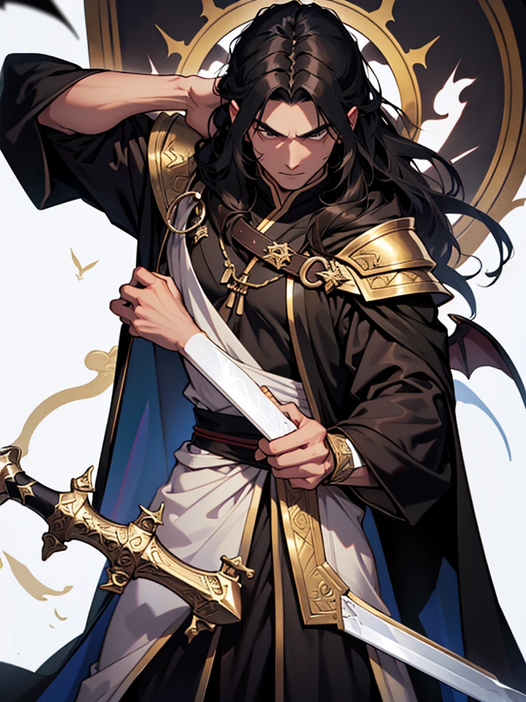 25 year old male、Demon、Black long hair、Brown skin、Magic Sword、A black cloak with a gold crest、White background、