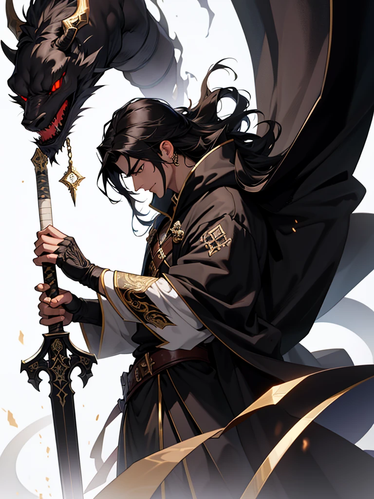 25 year old male、Demon、Black long hair、Brown skin、Magic Sword、A black cloak with a gold crest、White background、