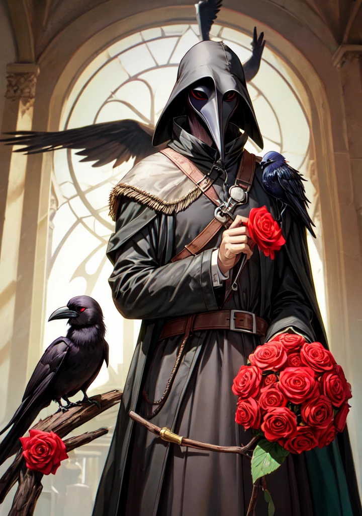 the plague doctor holding a red rose with a crow on his shoulder. 