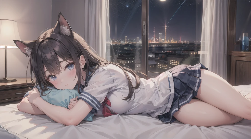 Highest quality（８ｋ）masterpiece、Time: Night（1.8）Lying on a bed by the window, holding a cute calico cat（1.8）Clothing is high school uniform（1.8）The night view can be seen from the window（1.8）、A room in a high-rise apartment with very large windows（1.8）It&#39;s dim in the room.（1.8）、猫もSuper detailed、Identifying each and every hair（1.8）One girl、Very cute、Best Style、Hairstyle（long（1.8））The room is a high school girl&#39;s room（1.8）、There are no curtains、１７age、Firm and refreshing々Fresh skin。Plump legs、eye（Super detailed　1.8）Wearing makeup(2.0）