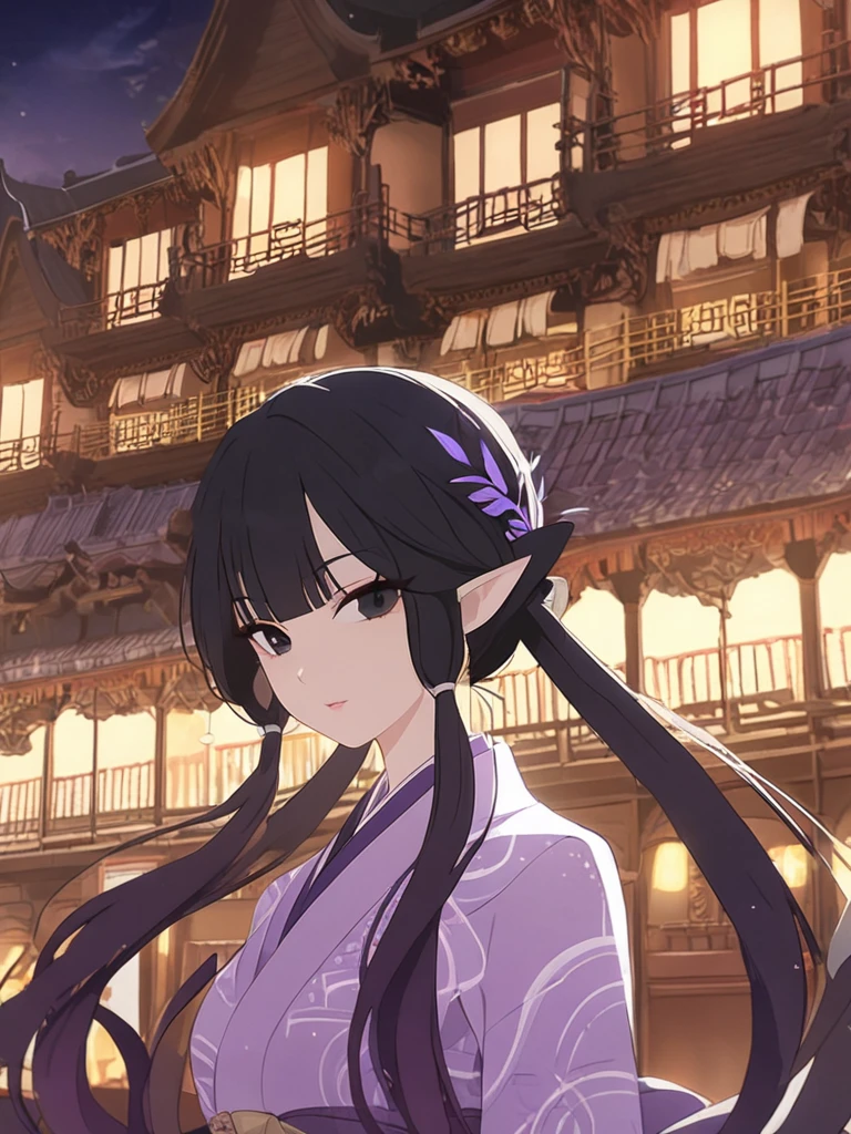 1woman, violet sparks, elven, black hair, multiple twin tail hairstyle, bangs, black eyes, building, elegant, traditional thai costume,