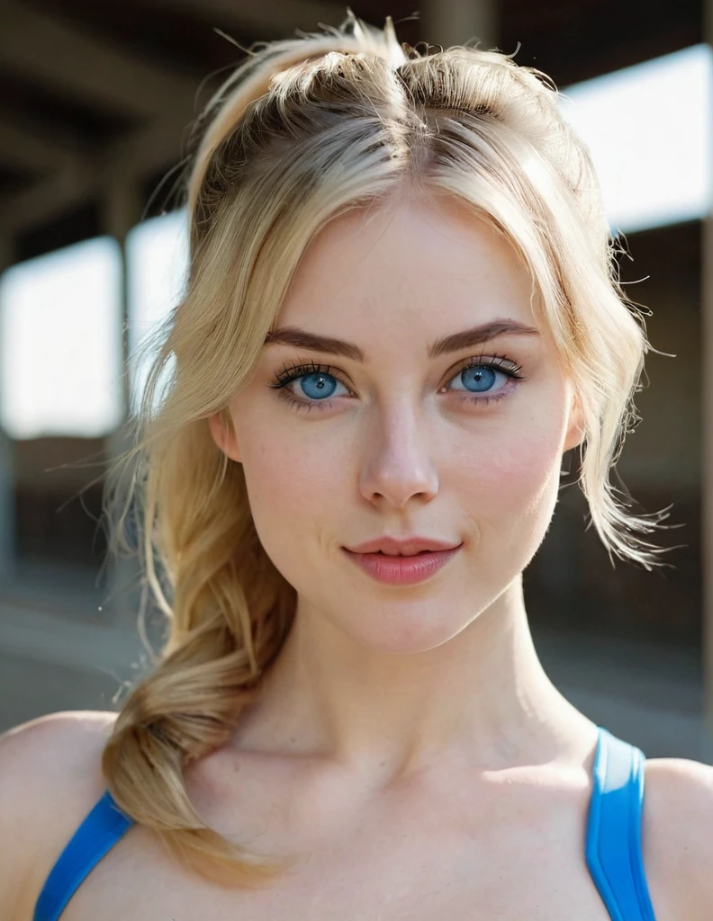 photography upper body portrait of very beautiful realistic girl, riding sport bike, 25-years-old, porcelain skin, very fair skin, very pale skin, blonde, wavy, ponytail, detailed skin, blue eyes, slanted eyes, small nose, small nostril, thick curved eyebrow, thick bottom lip, seductive gaze, happy face, unique face, wear jacket, detail photo, realistic photo, master piece picture, sharp picture, outdoor clear daylight, nsfw