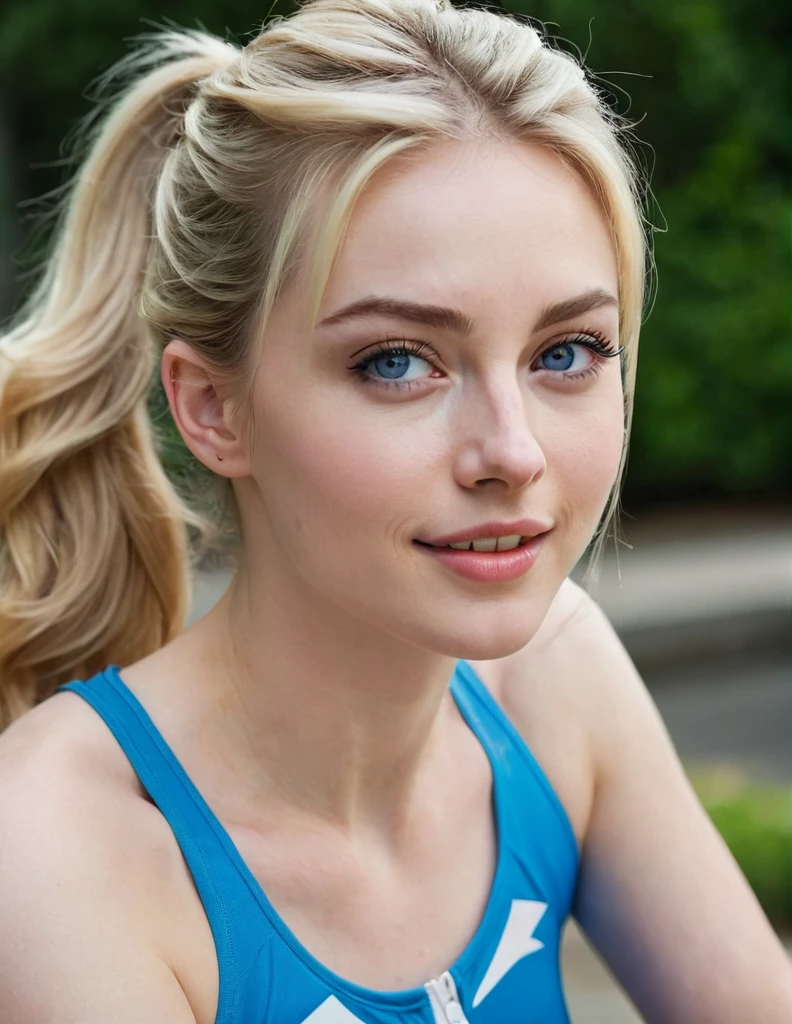 photography upper body portrait of very beautiful realistic girl, riding sport bike, 25-years-old, porcelain skin, very fair skin, very pale skin, blonde, wavy, ponytail, detailed skin, blue eyes, slanted eyes, small nose, small nostril, thick curved eyebrow, thick bottom lip, seductive gaze, happy face, unique face, wear jacket, detail photo, realistic photo, master piece picture, sharp picture, outdoor clear daylight, nsfw