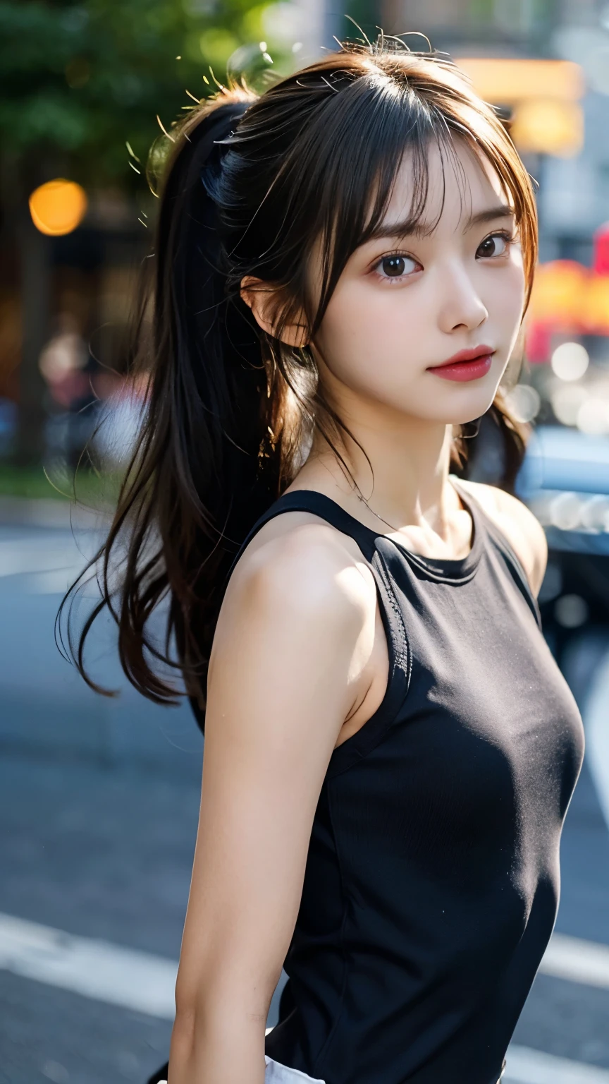 upper body, upward glance, smirk, street, tilt head, casual fashion, looking back, ponytail
BREAK
official art, adolescence girl, cute, lower teen, gleaming skin, (scrawny:1.2), (leggy:1.2), (tight waist:1.2), (abs:1.2), (small nose:1.3), 1girl, (medium hair:1.2), blunt bangs, black hair, (straight hair:1.2), brown eyes, (no-makeup:1.2), (large breasts:1), boob, hair fluttering, BREAK
(ruddy skin:1.2), (sweaty face:1.2), (sweaty body:1.2), body balance,
BREAK
masterpiece, best quality, ultra-detailed, perfect anatomy, perfect arms, perfect legs, perfect fingers, perfect hands, photorealistic, detailed beautiful face and eyes, (face on focus:1.3), (volumetric lighting:1.2), (contrast:1.2), (light on face:1.2), cinematic lighting, bright, shiny skin, bright skin, warmth, glossiness,
vibrant, ultra high res, 8k, RAW photo, detailed shadow, super detailed beautiful skin, amazing, finely detail, sharp focus, (bokeh:1.2)