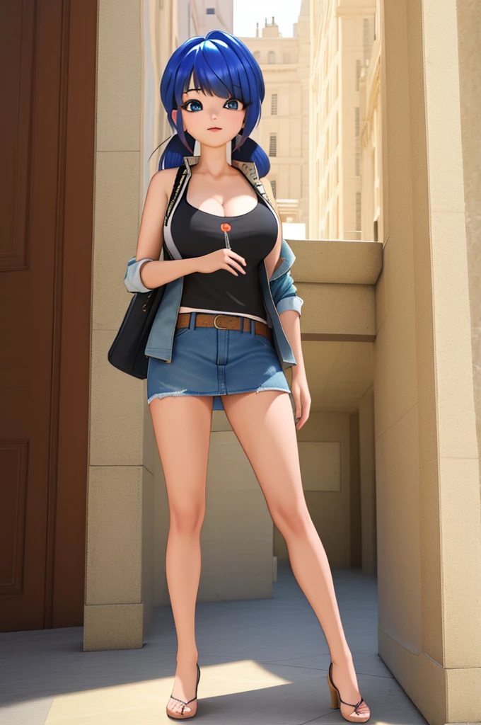 (8k, RAW photo, best quality, masterpiece:1.2), (intricate details), perfect eyes, perfect face, perfect lighting, beautiful, (masterpiece:1.2), (best quality:1.2), 1girl, solo, marinette, blue hair, (( hair in ponytail, bangs over one eye )), adult torso, 19 years old, huge sized breasts, (tank top, denim jacket, blue skirt,) cowboy shot, 3DMM, standing, front view, 