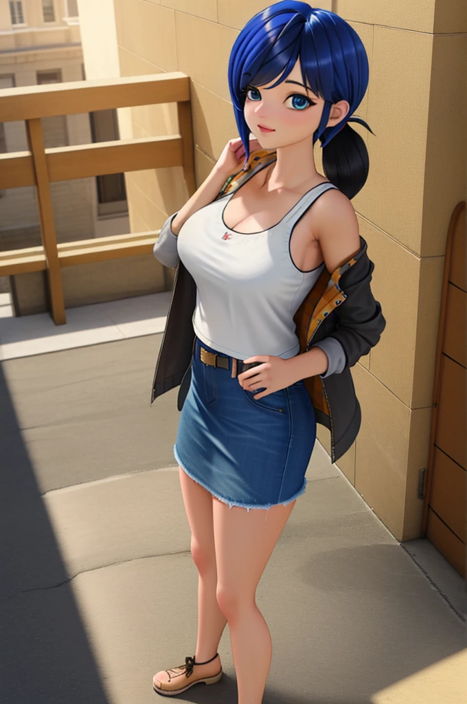 (8k, RAW photo, best quality, masterpiece:1.2), (intricate details), perfect eyes, perfect face, perfect lighting, beautiful, (masterpiece:1.2), (best quality:1.2), 1girl, solo, marinette, blue hair, (( hair in ponytail, bangs over one eye )), adult torso, 19 years old, huge sized breasts, (tank top, denim jacket, blue skirt,) cowboy shot, 3DMM, standing, front view, 