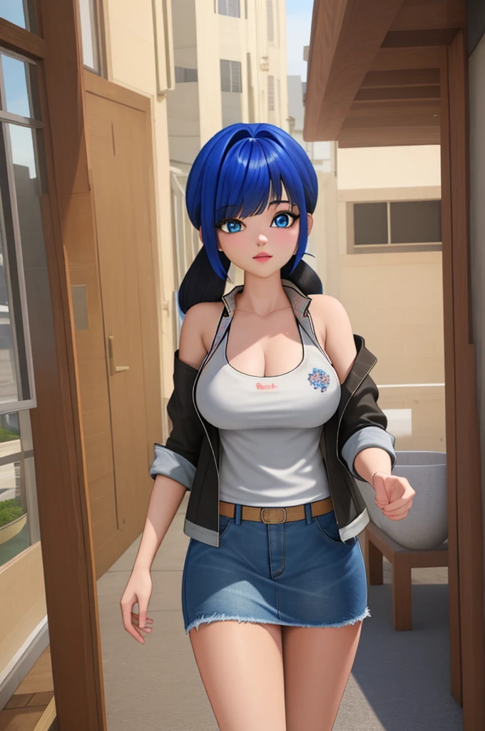 (8k, RAW photo, best quality, masterpiece:1.2), (intricate details), perfect eyes, perfect face, perfect lighting, beautiful, (masterpiece:1.2), (best quality:1.2), 1girl, solo, marinette, blue hair, (( hair in ponytail, bangs over one eye )), adult torso, 19 years old, huge sized breasts, (tank top, denim jacket, blue skirt,) cowboy shot, 3DMM, standing, front view, 