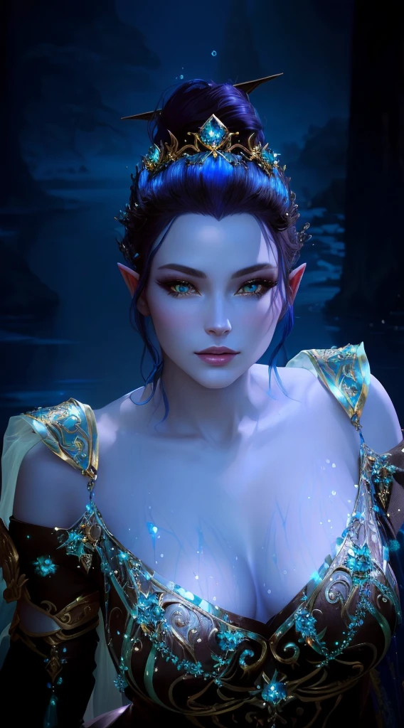 arafed woman with blue hair and a gold dress posing for a picture, alluring mesmer woman, closeup fantasy with water magic, very beautiful elven top model, a beautiful fantasy empress, beautiful and elegant female elf, inspired by Lan Ying, portrait of an elf queen, beautiful and elegant elf queen, beautiful fantasy maiden, unreal engine render + a goddess