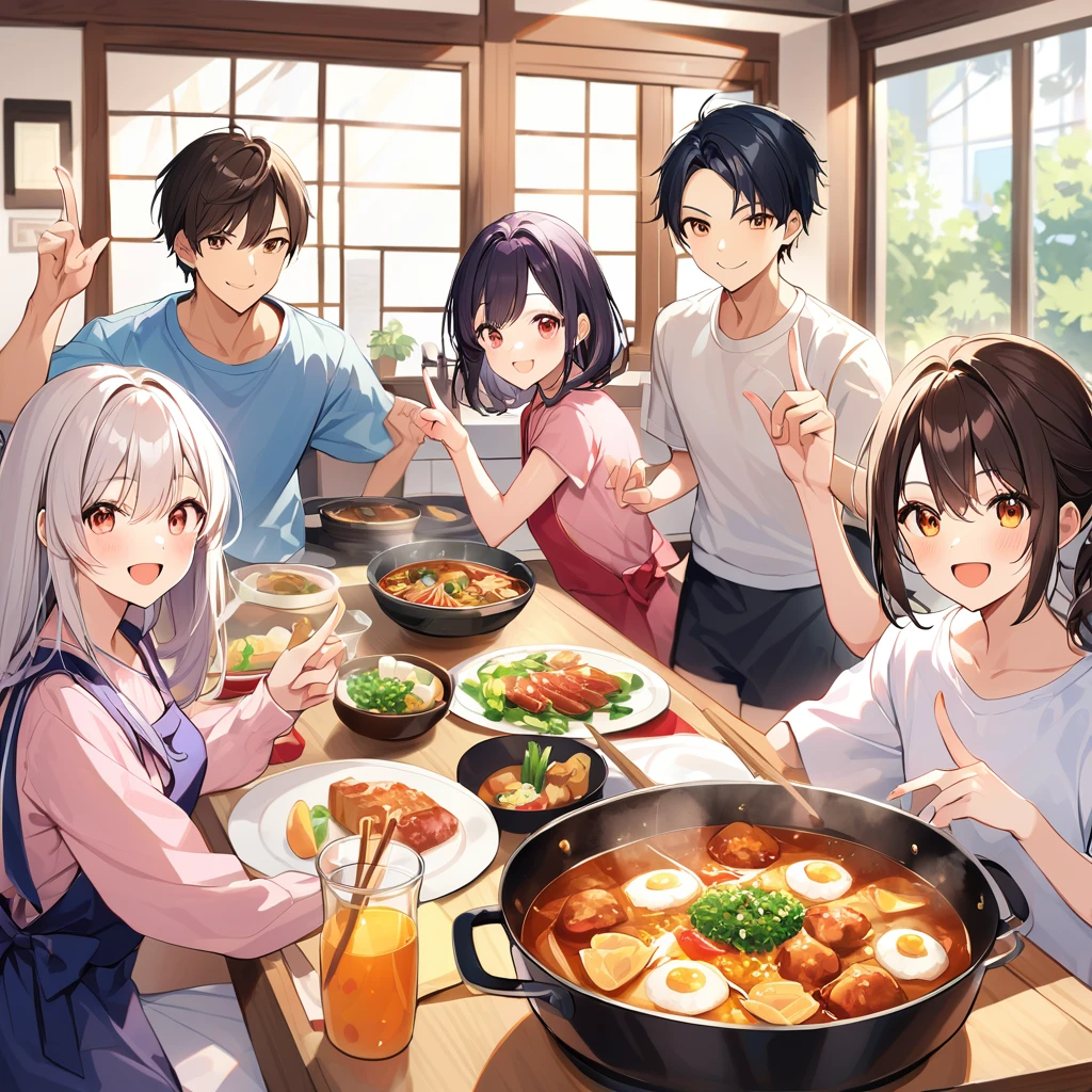 A confident smile, Home kitchen with large windows,Young men and women having fun,Smiling children,短いBlack Hair, Brown eyes,Brown Skin,Two students、Making a gesture commonly associated with the peace sign while speaking (Tele from the restaurant), skirt, Black Hair, indoor, Cooking Japanese food, shirt, ((((Complete faithful finger))))