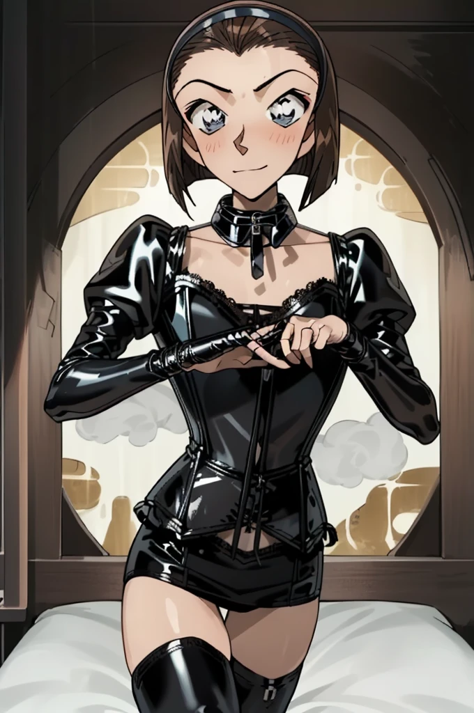 SM, BD、Queen、government、one girl、alone、(((Long gloves made of black latex that cover all the way to the fingertips.)))、(((black latex corset dress:1.4)))、(((Corset dress decorated with beautiful lace.)))、(((Corset dress with shoulder straps)))、(((Black latex tight miniskirt:1.4)))、(((black thigh boots)))、stiletto heels、(((black latex panties)))、(((Black latex bra)))、(((black leather collar)))、(((sexy pose)))、open your legs、(((erotic)))、(((cowboy shot)))、((masterpiece)), (8K, High value_solve), (obvious_video), ((1 girl, alone)),  (best quality), (meitantei conan\(style\), meitantei conan), alone, Beautiful eyes and handsome face, cowboy shot ,((1 girl, alone)), (Short hair, hair band, sheep), (sheepを出す)、((brown hair))、bedroom、evil smile、contempt、A cold gaze、blush