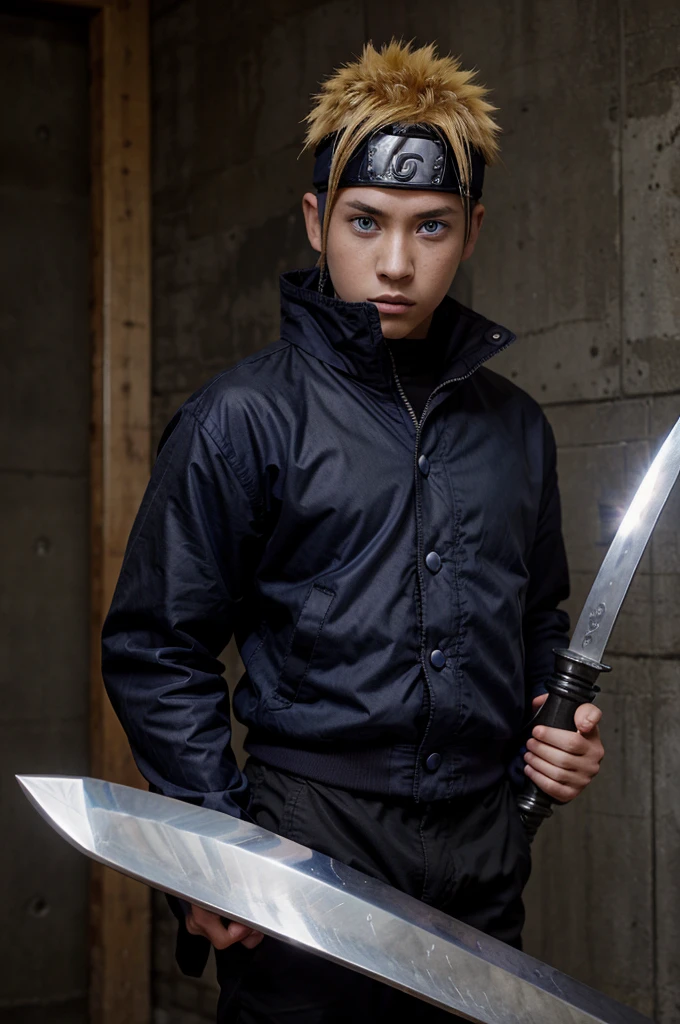 naruto uzumaki, 13 years old, blue and purple eyes, black jacket, muscular. with big swords