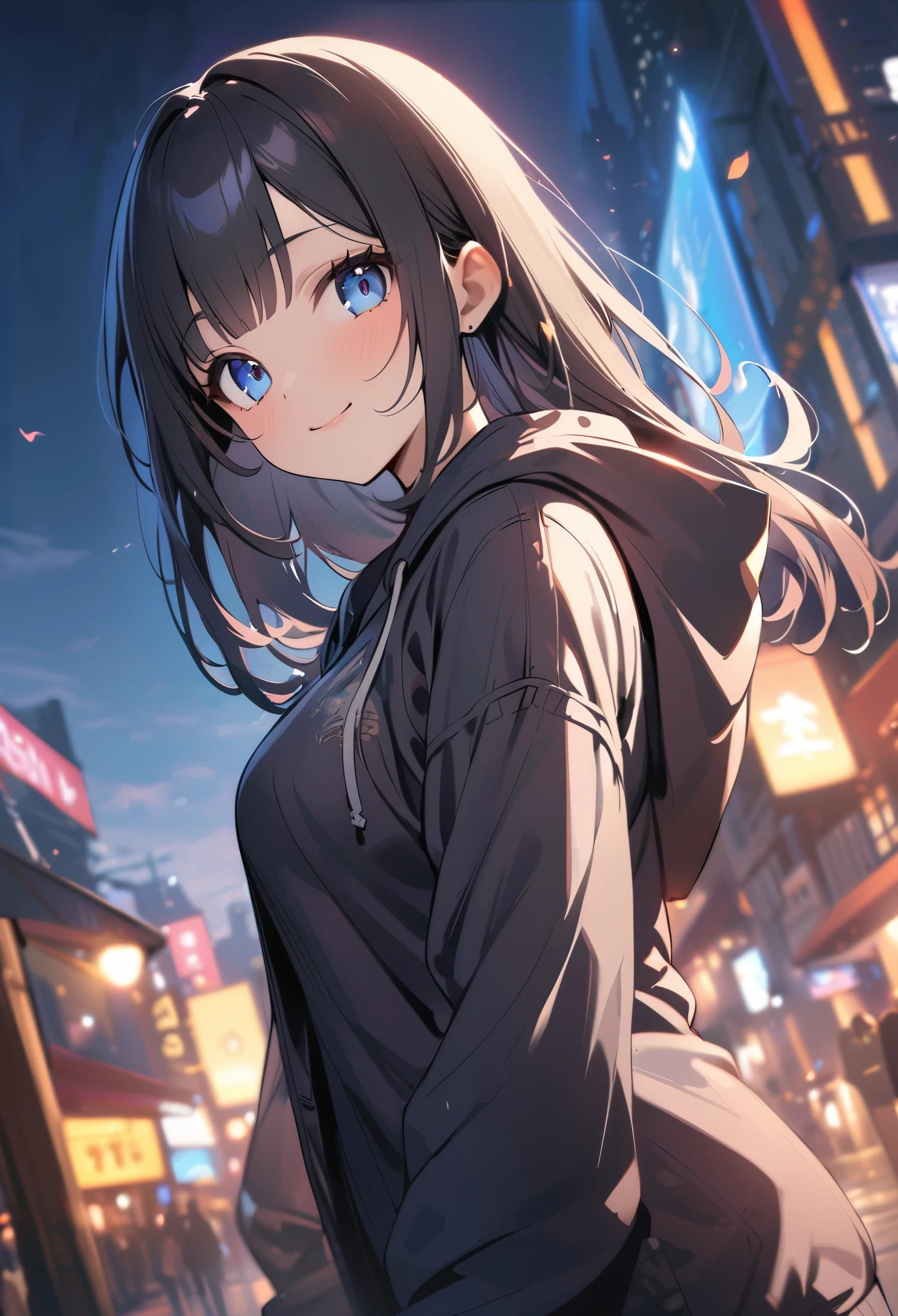 BREAK 1girl, long hair, black hair, straight hair, short bangs above brows, blue eyes, warm smile,
BREAK (masterpiece), (high resolution 8K), cinematic lighting, professional lighting, very cute, detailed eyes and face, detailed body,
BREAK hoodie, outdoors, city background, dynamic angle,